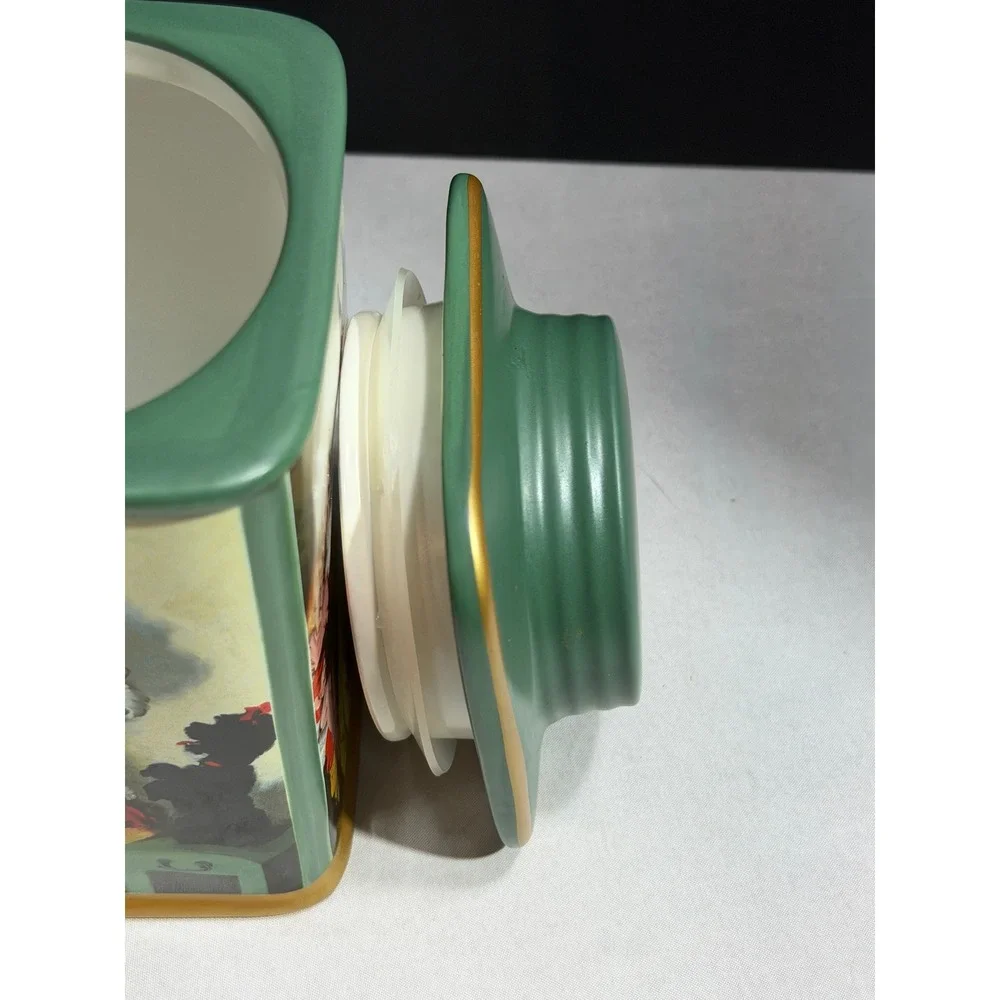 Coca-Cola Sakura Stoneware Christmas Santa Canister Jar Green Gold Trim 2002